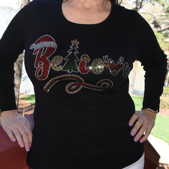 Christmas Believe rhinestone bling long sleeved shirt XS S M L XL XXL 1X… - Picture 6 of 8